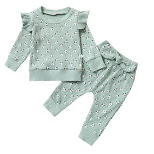 Green Floral 2pc Set Ruffles Long Sleeve Pullover Top & Pants BABY GIRLS